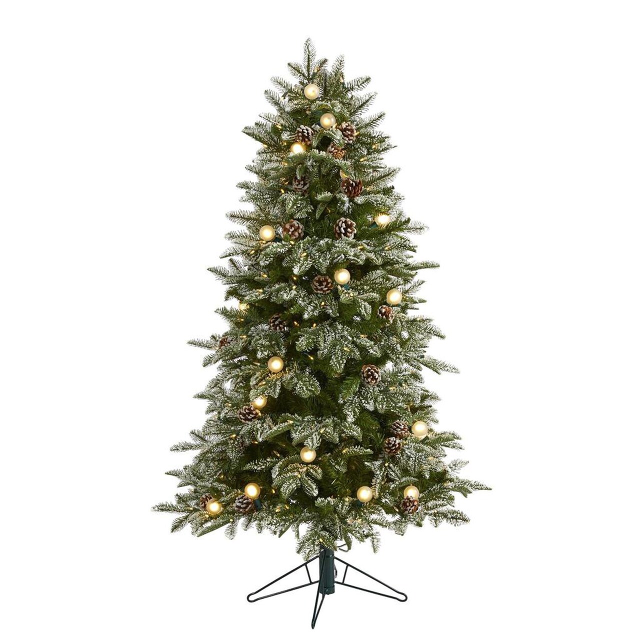 Nearly Natural 5' Flocked Whistler Mountain Fir Artificial Christmas Tree with 250 Warm White LED Lights with Instant Connect Technology, 28 Globe Bulbs, Pine Cones and 480 Bendable Branches